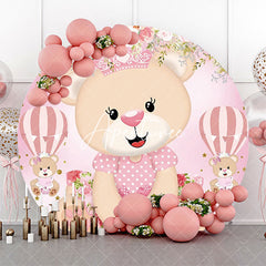 Aperturee - Pink Cute Bear Floral Round Baby Shower Backdrop