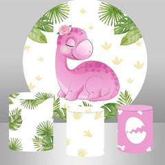 Aperturee Pink Dinosaur Leaves Round Backdrop Kit For Girls