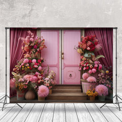 Aperturee - Pink Door Curtain Colorful Floral Backdrop For Photo