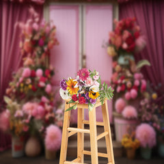 Aperturee - Pink Door Curtain Colorful Floral Backdrop For Photo