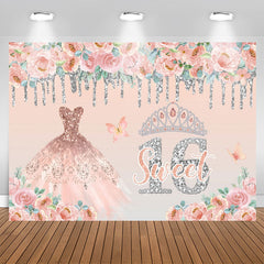 Aperturee - Pink Dress Glitter 16th Sweet Birthday Backdrop