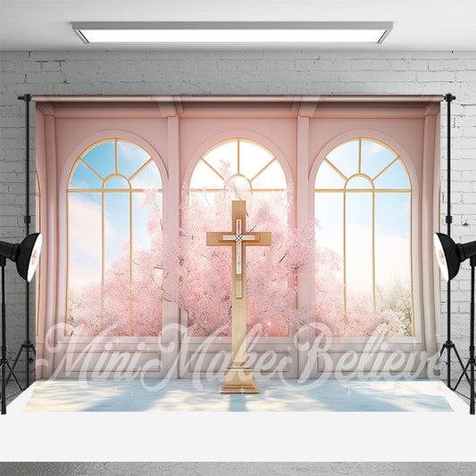 Aperturee - Pink Easter Spring Cross Fantasy Window Photo Backdrop