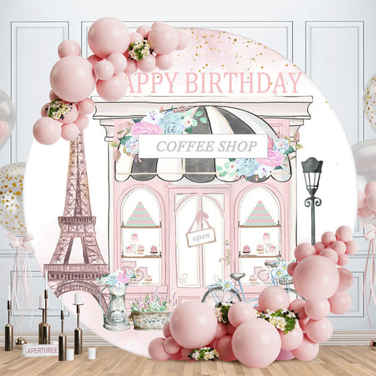 Aperturee - Pink Eiffel Flower Coffee Shop Birthday Backdrop