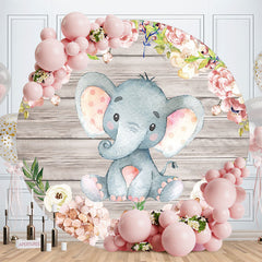 Aperturee - Pink Elephant And Floral Round Wood Baby Shower Backdrop