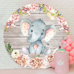 Aperturee - Pink Elephant And Floral Round Wood Baby Shower Backdrop