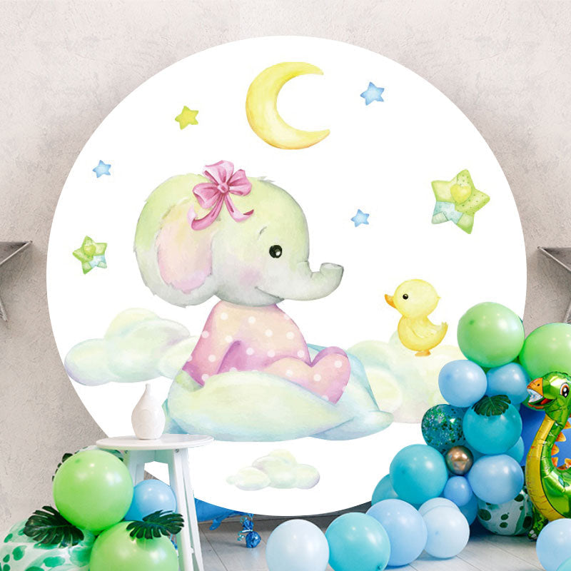 Aperturee - Pink Elephant And Moon Round Baby Shower Backdrop