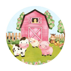 Aperturee - Pink Farm House And Animals Round Birthday Backdrop