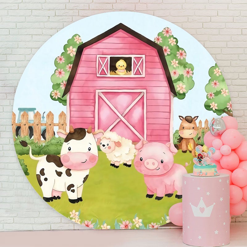 Aperturee - Pink Farm House And Animals Round Birthday Backdrop