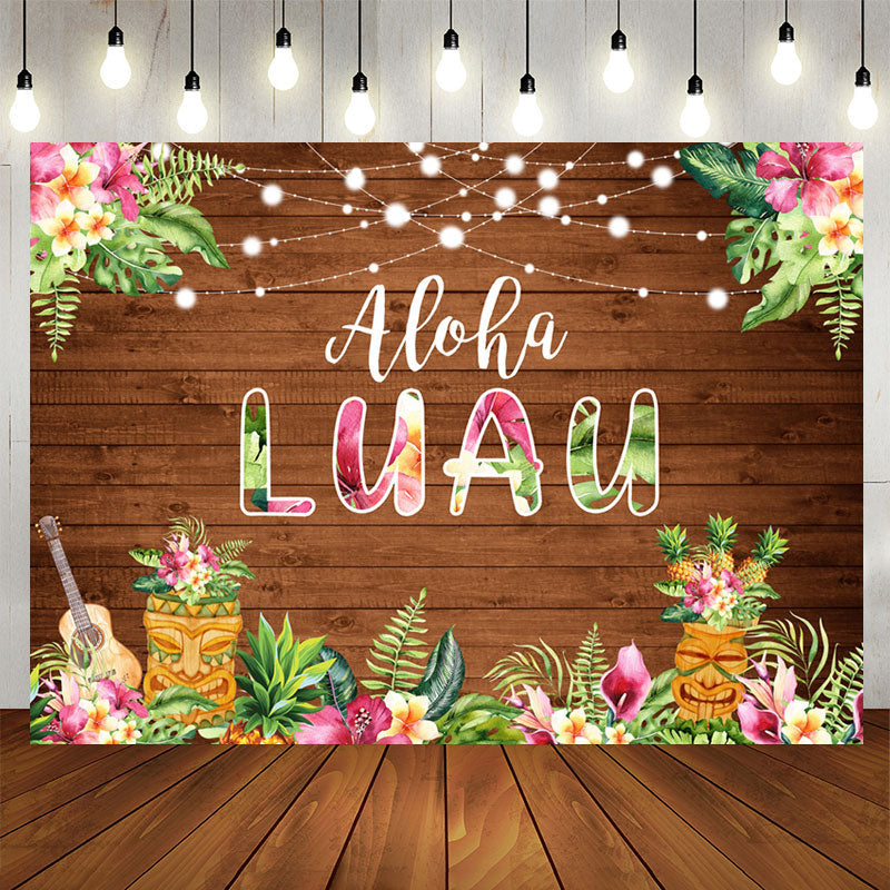 Aperturee - Pink Floral Aloha Luau Brown Wood Birthday Backdrop