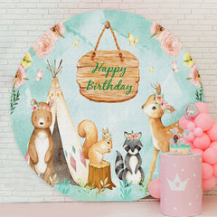 Aperturee - Pink Floral And Animals Jungle Round Birthday Backdrop