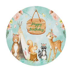 Aperturee - Pink Floral And Animals Jungle Round Birthday Backdrop