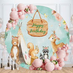 Aperturee - Pink Floral And Animals Jungle Round Birthday Backdrop