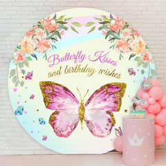 Aperturee - Pink Floral And Butterfly Round Happy Birthday Backdrop