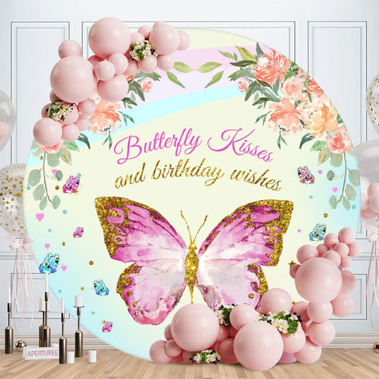 Aperturee - Pink Floral And Butterfly Round Happy Birthday Backdrop