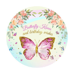 Aperturee - Pink Floral And Butterfly Round Happy Birthday Backdrop