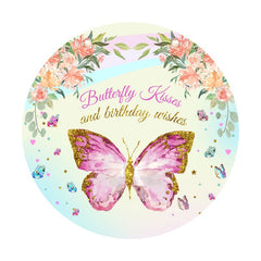 Aperturee - Pink Floral And Butterfly Round Happy Birthday Backdrop