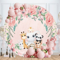 Aperturee - Pink Floral And Cute Animals Round Baby Shower Backdrop