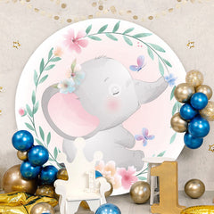 Aperturee - Pink Floral And Elephant Round Baby Shower Backdrops