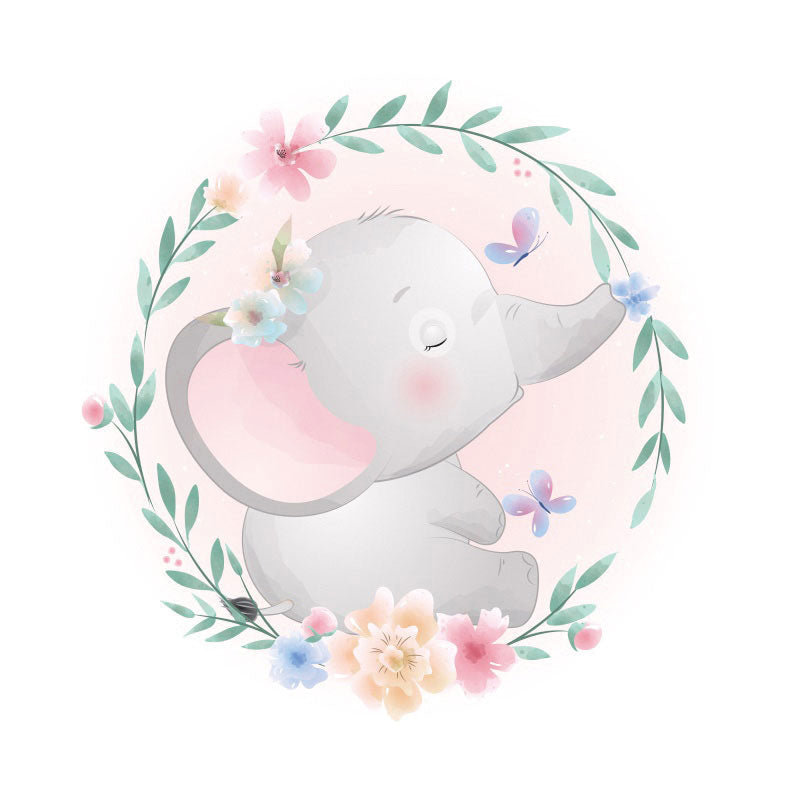 Aperturee - Pink Floral And Elephant Round Baby Shower Backdrops