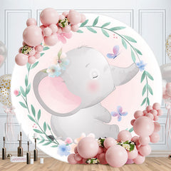 Aperturee - Pink Floral And Elephant Round Baby Shower Backdrops