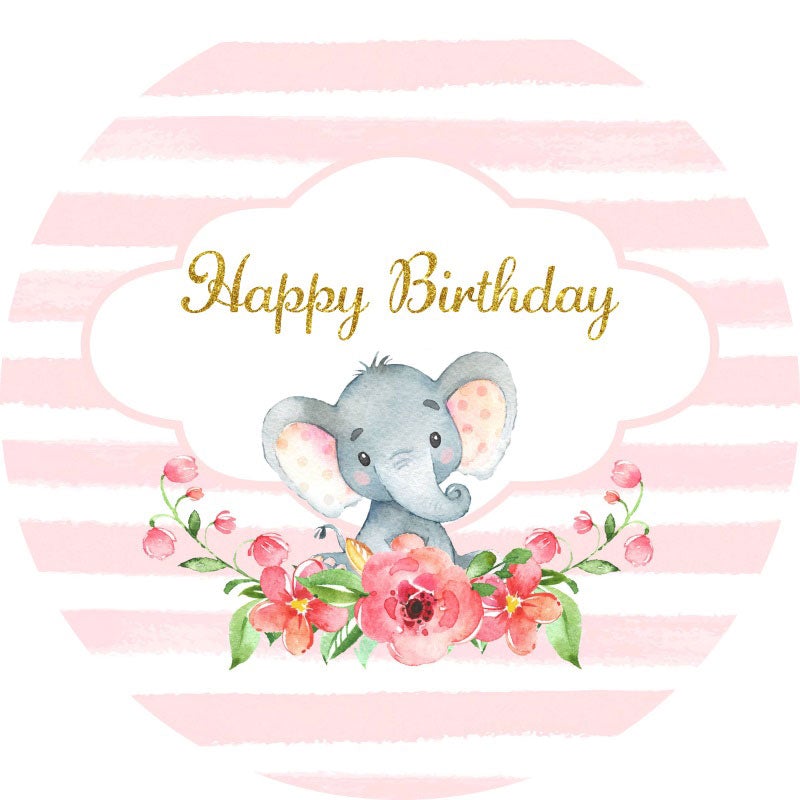 Aperturee - Pink Floral And Elephant Round Birthday Backdrop