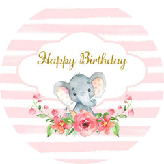 Aperturee - Pink Floral And Elephant Round Birthday Backdrop