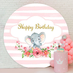 Aperturee - Pink Floral And Elephant Round Birthday Backdrop