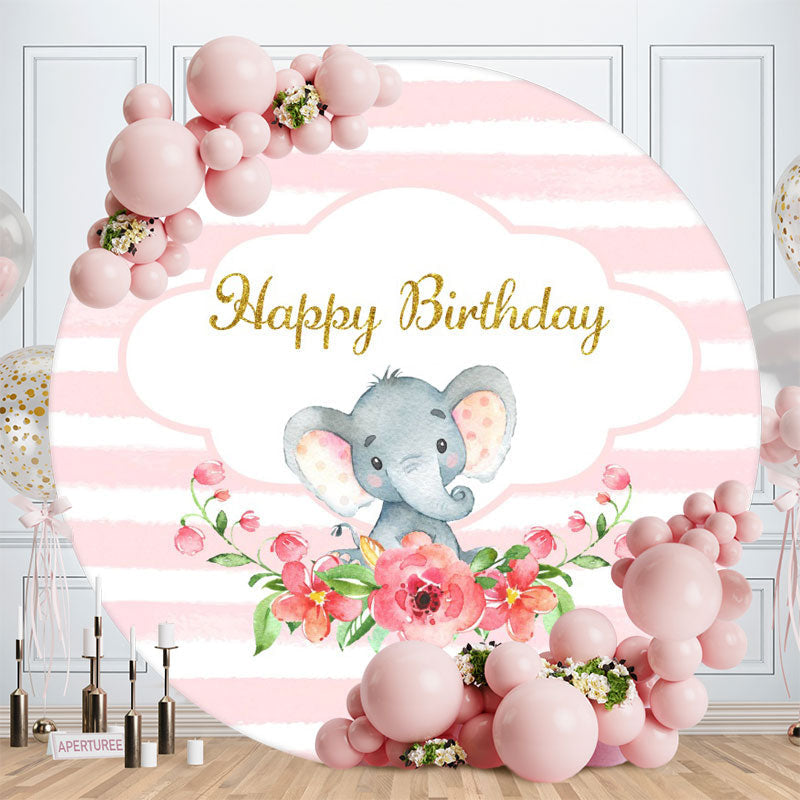 Aperturee - Pink Floral And Elephant Round Birthday Backdrop