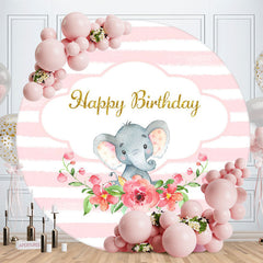 Aperturee - Pink Floral And Elephant Round Birthday Backdrop