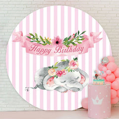 Aperturee - Pink Floral And Elephant Round Happy Birthday Backdrop