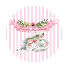 Aperturee - Pink Floral And Elephant Round Happy Birthday Backdrop