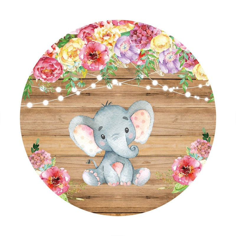 Aperturee - Pink Floral And Elephant Round Wood Baby Shower Backdrop