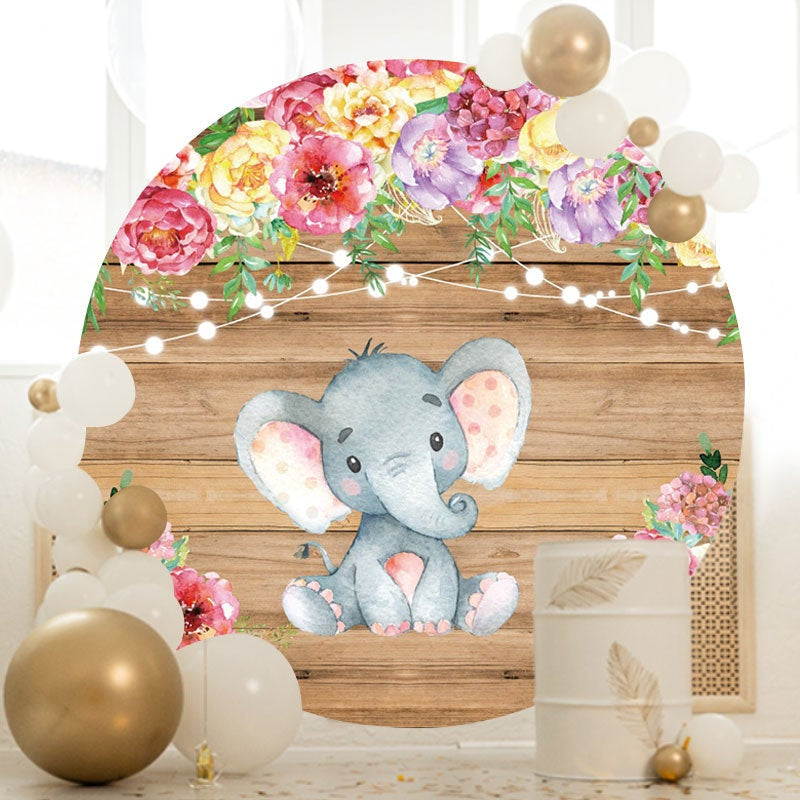 Aperturee - Pink Floral And Elephant Round Wood Baby Shower Backdrop