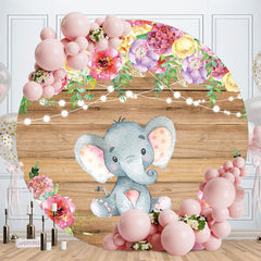 Aperturee - Pink Floral And Elephant Round Wood Baby Shower Backdrop