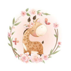 Aperturee - Pink Floral And Giraffe Round Baby Shower Backdrop