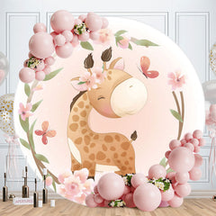 Aperturee - Pink Floral And Giraffe Round Baby Shower Backdrop