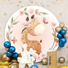 Aperturee - Pink Floral And Giraffe Round Baby Shower Backdrop