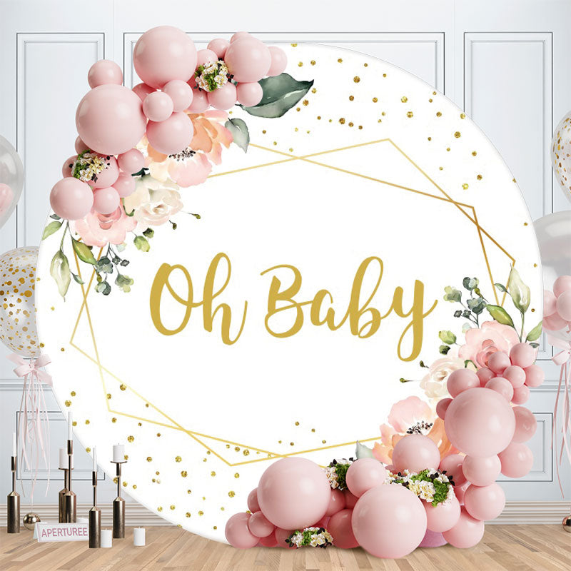 Aperturee - Pink Floral And Gold Glitter Round Baby Shower Backdrop