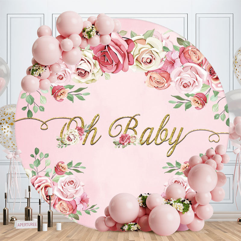 Aperturee - Pink Floral And Gold Oh Baby Round Baby Shower Backdrop