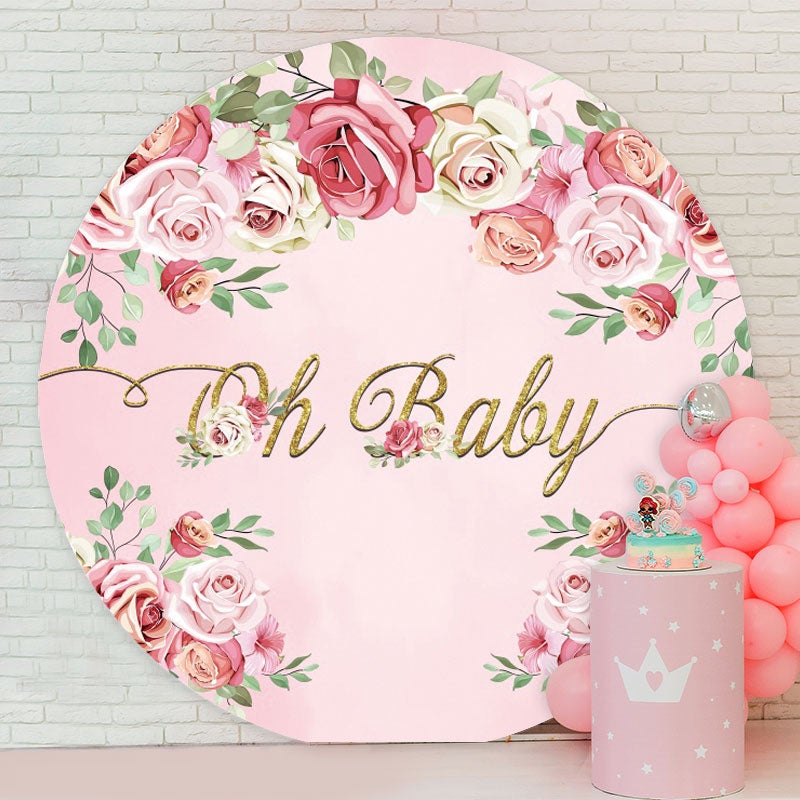 Aperturee - Pink Floral And Gold Oh Baby Round Baby Shower Backdrop