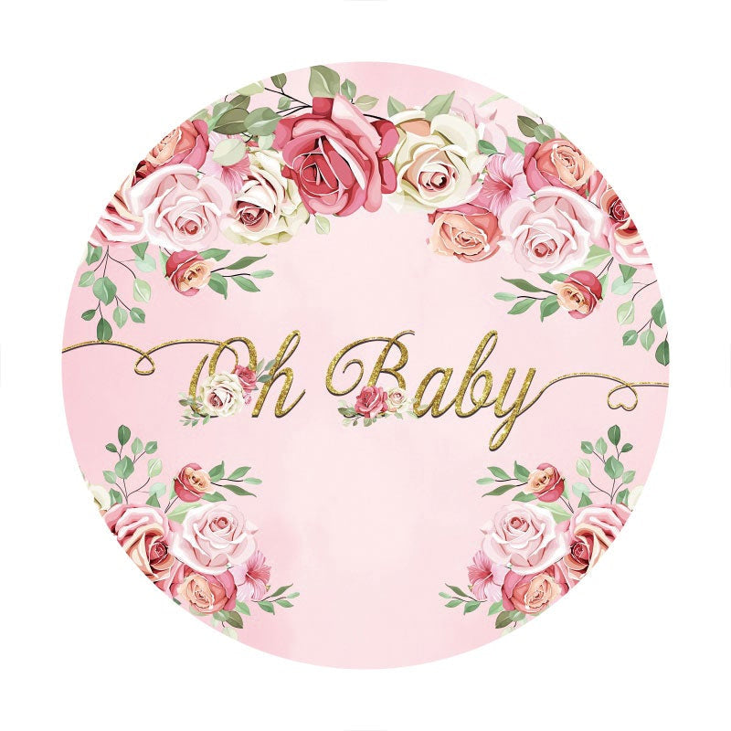 Aperturee - Pink Floral And Gold Oh Baby Round Baby Shower Backdrop