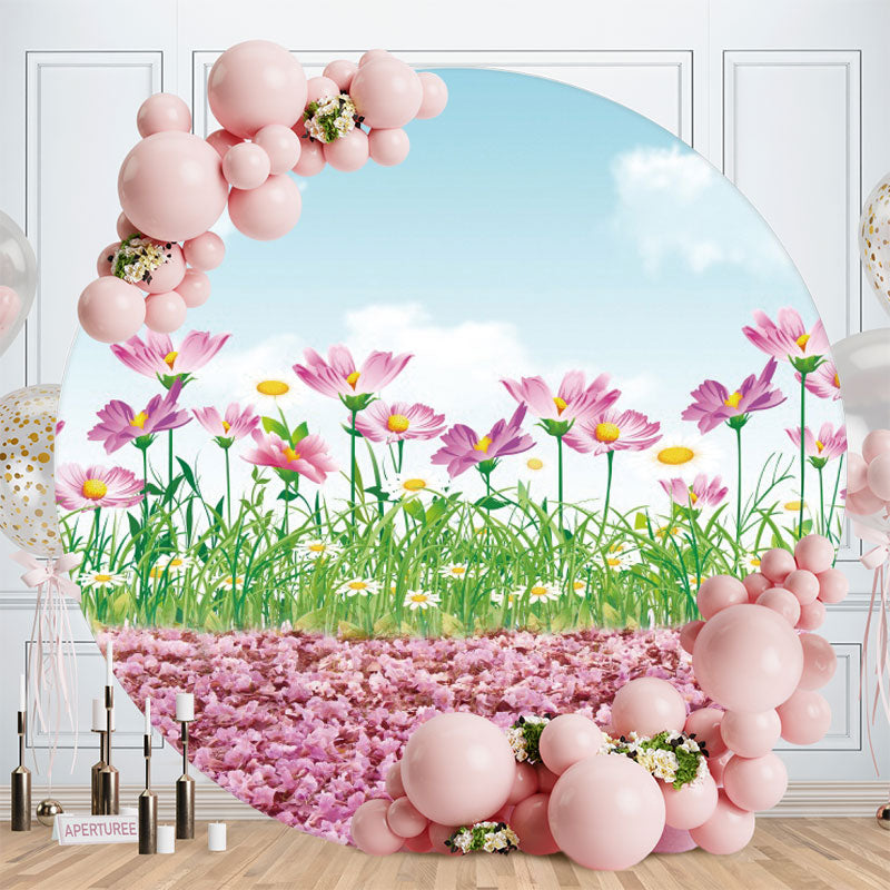 Aperturee - Pink Floral And Green Leaves Round Birthday Backdrop