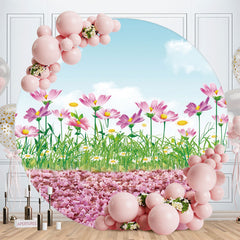 Aperturee - Pink Floral And Green Leaves Round Birthday Backdrop