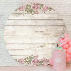 Aperturee - Pink Floral And Grey Wood Round Birthday Backdrop