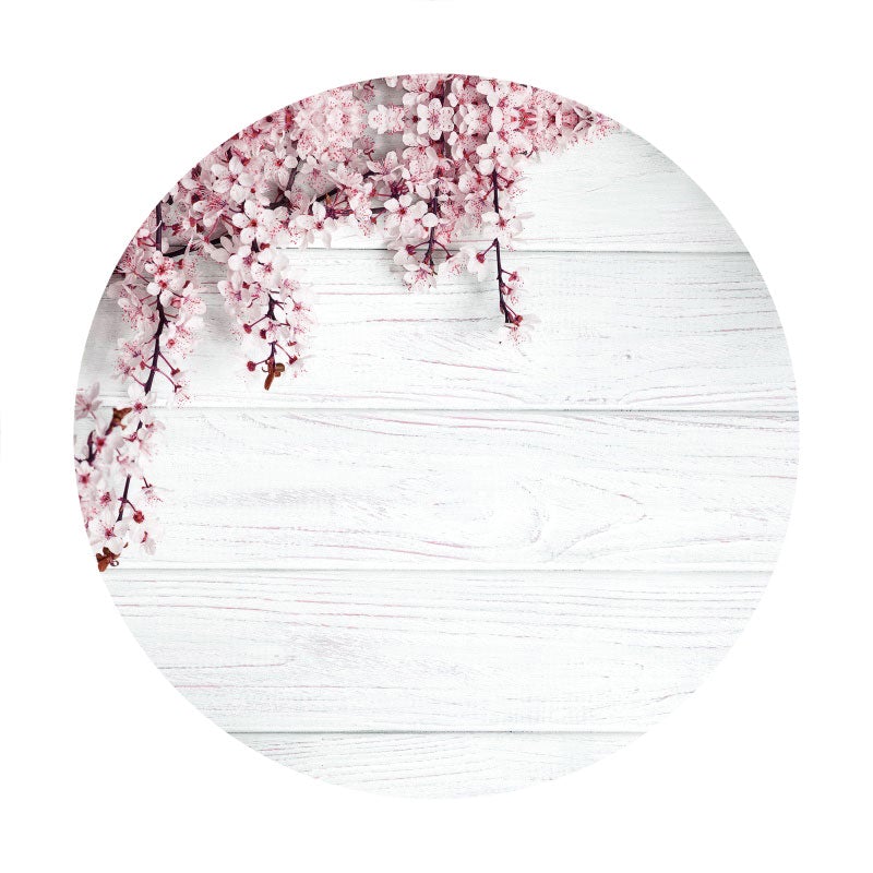 Aperturee - Pink Floral And Grey Wooden Round Birthday Backdrop