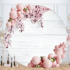 Aperturee - Pink Floral And Grey Wooden Round Birthday Backdrop