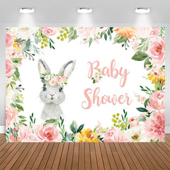 Aperturee - Pink Floral And Little Bunny Theme Baby Shower Backdrop