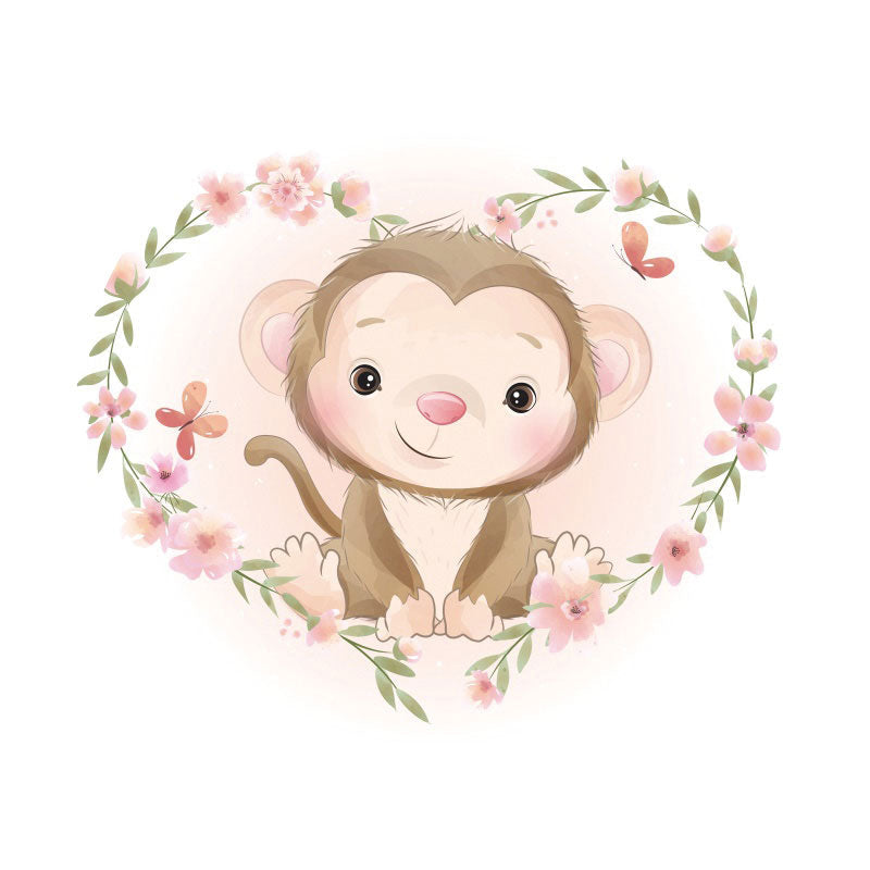Aperturee - Pink Floral And Monkey Round Baby Shower Backdrop