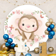 Aperturee - Pink Floral And Monkey Round Baby Shower Backdrop