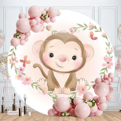 Aperturee - Pink Floral And Monkey Round Baby Shower Backdrop